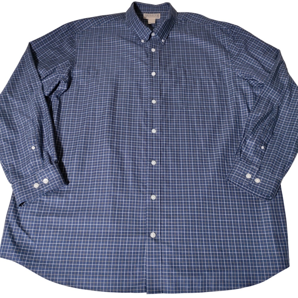 Duluth Trading Co Mens 3XL Tall Blue Grid Plaid Cotton Button Down Shirt